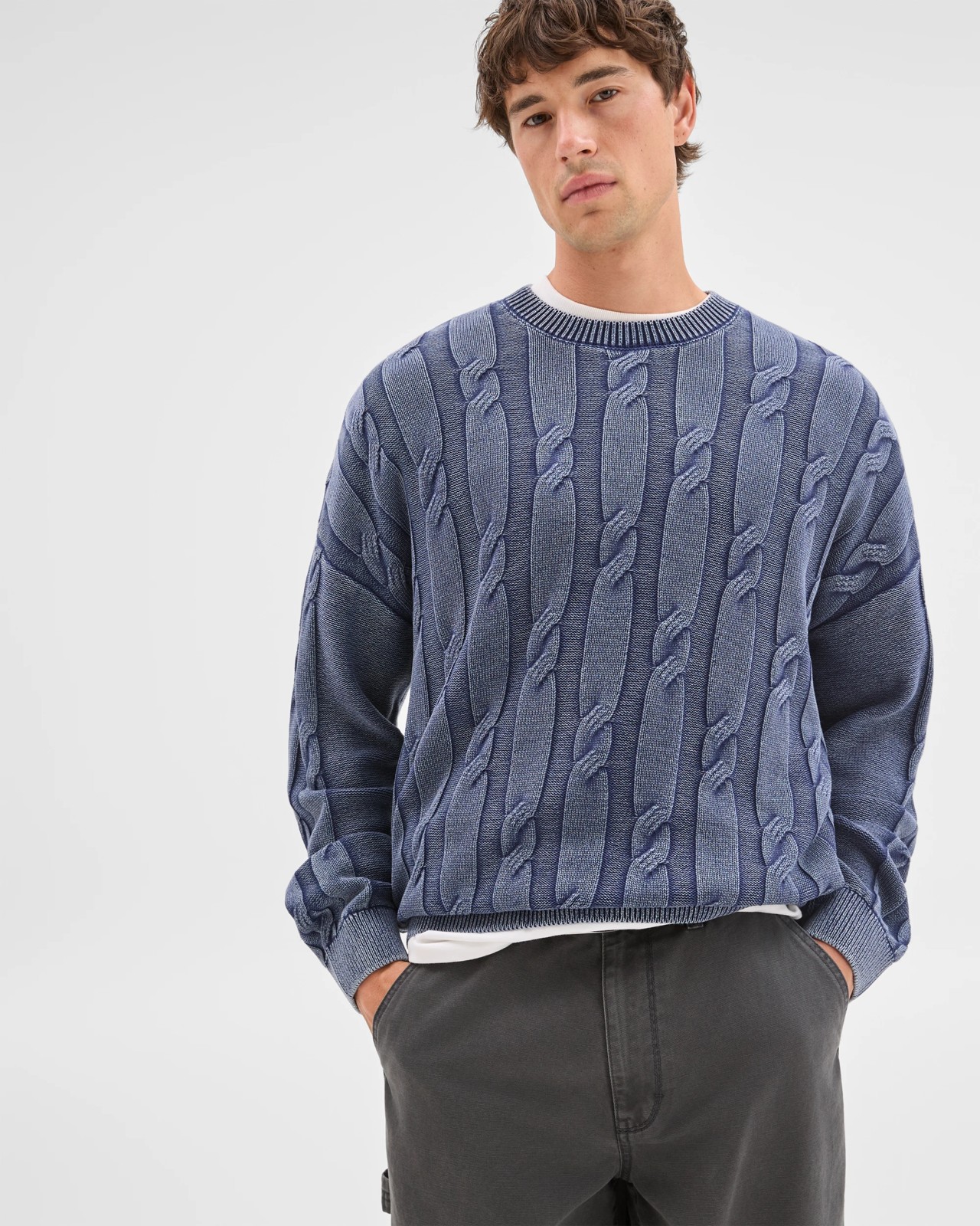 Commons Australian Cotton Cable Knit Washed Crew Jumper - Acid Navy 6 of 6