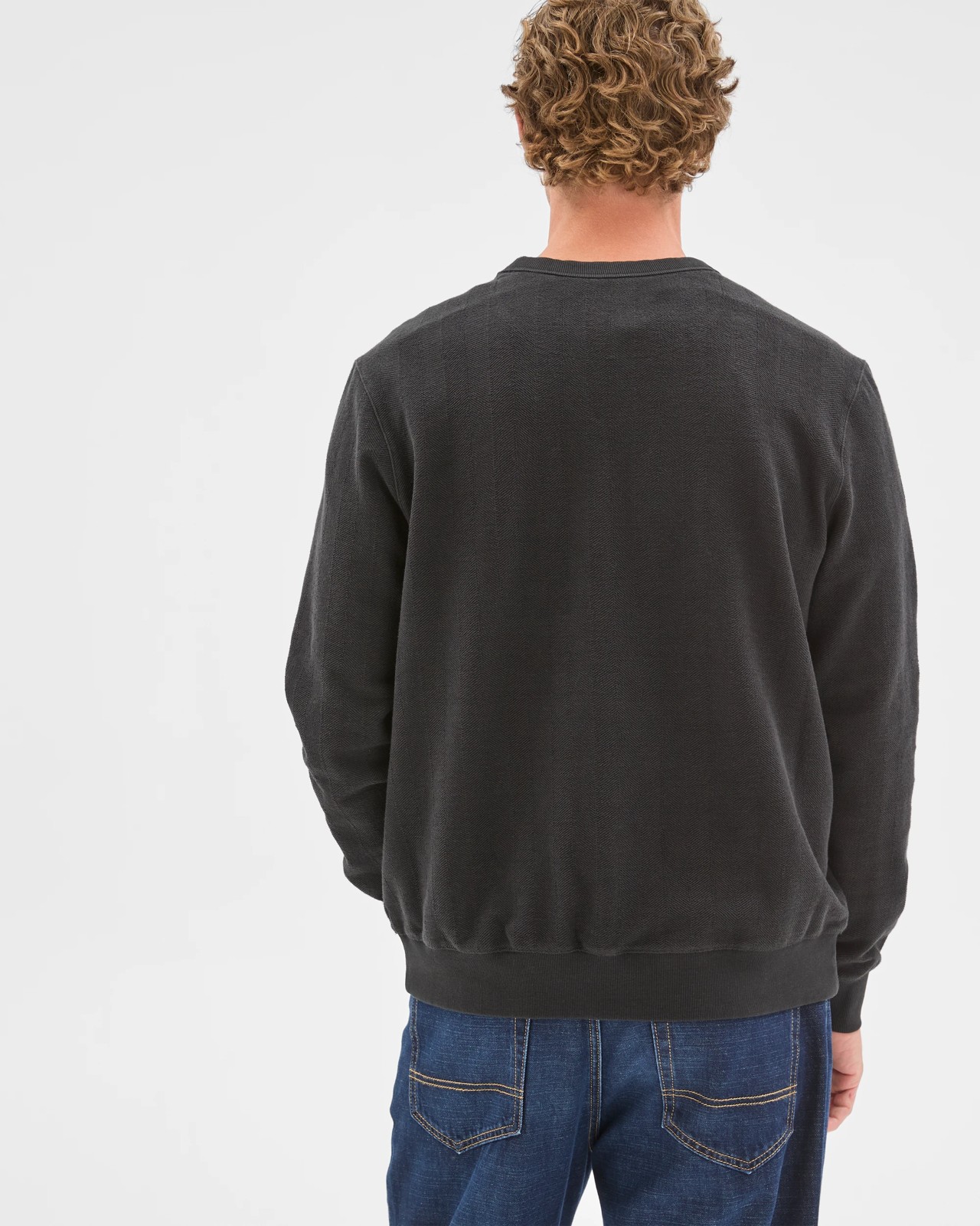 Australian Cotton Herringbone Long Sleeve Crew Neck Fleece Top - Black 5 of 6