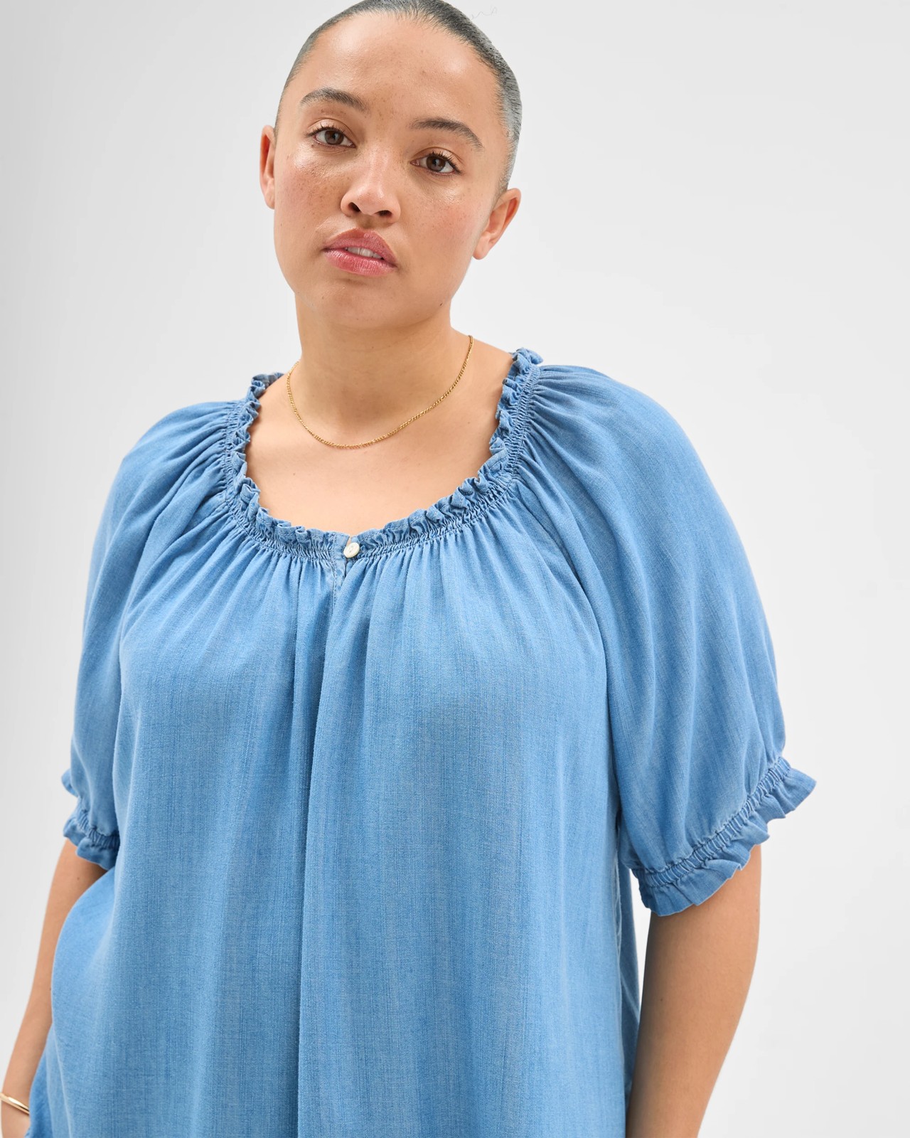 Plus Size Lyocell Short Sleeve Shirred Chambray Blouse 5 of 5