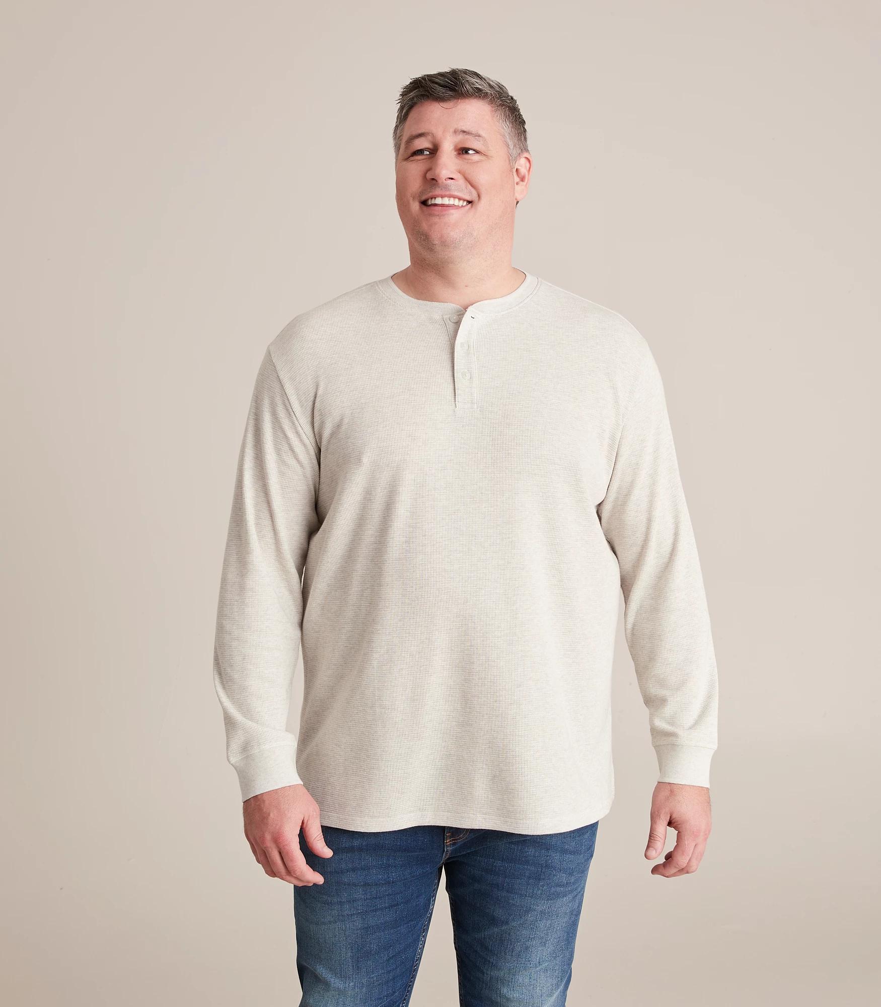 Men's - Organic Cotton Long Sleeve Waffle Henley Top in Brilliant White