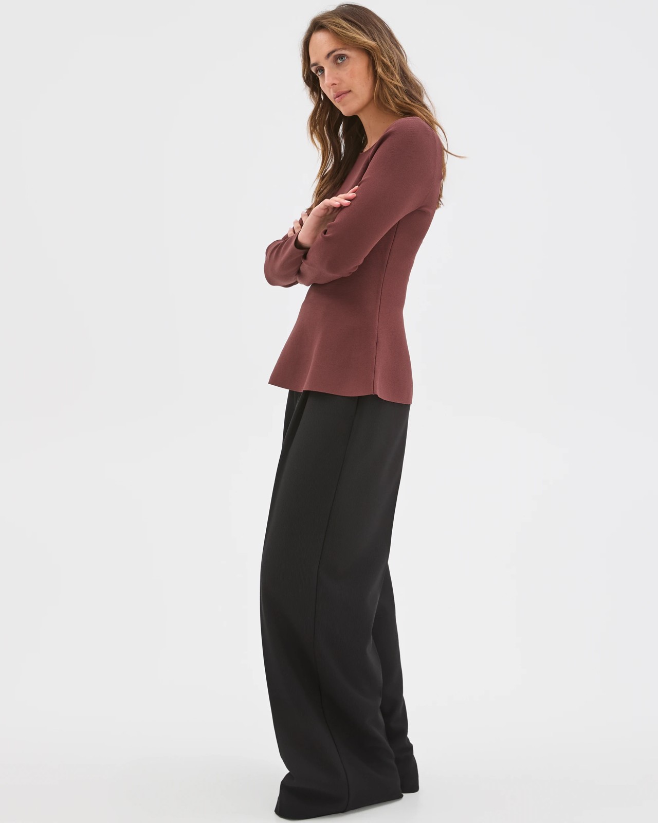 Preview Long Sleeve Peplum Crepe Knit Top - Dark Chocolate 4 of 5