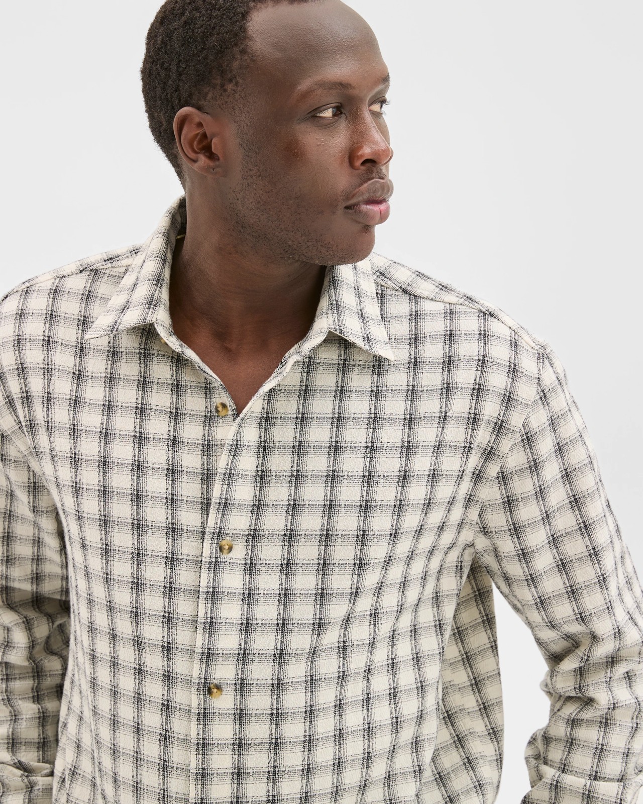 Commons Australian Cotton Boxy Fit Long Sleeve Textured Shirt - Ecru Check 5 of 6