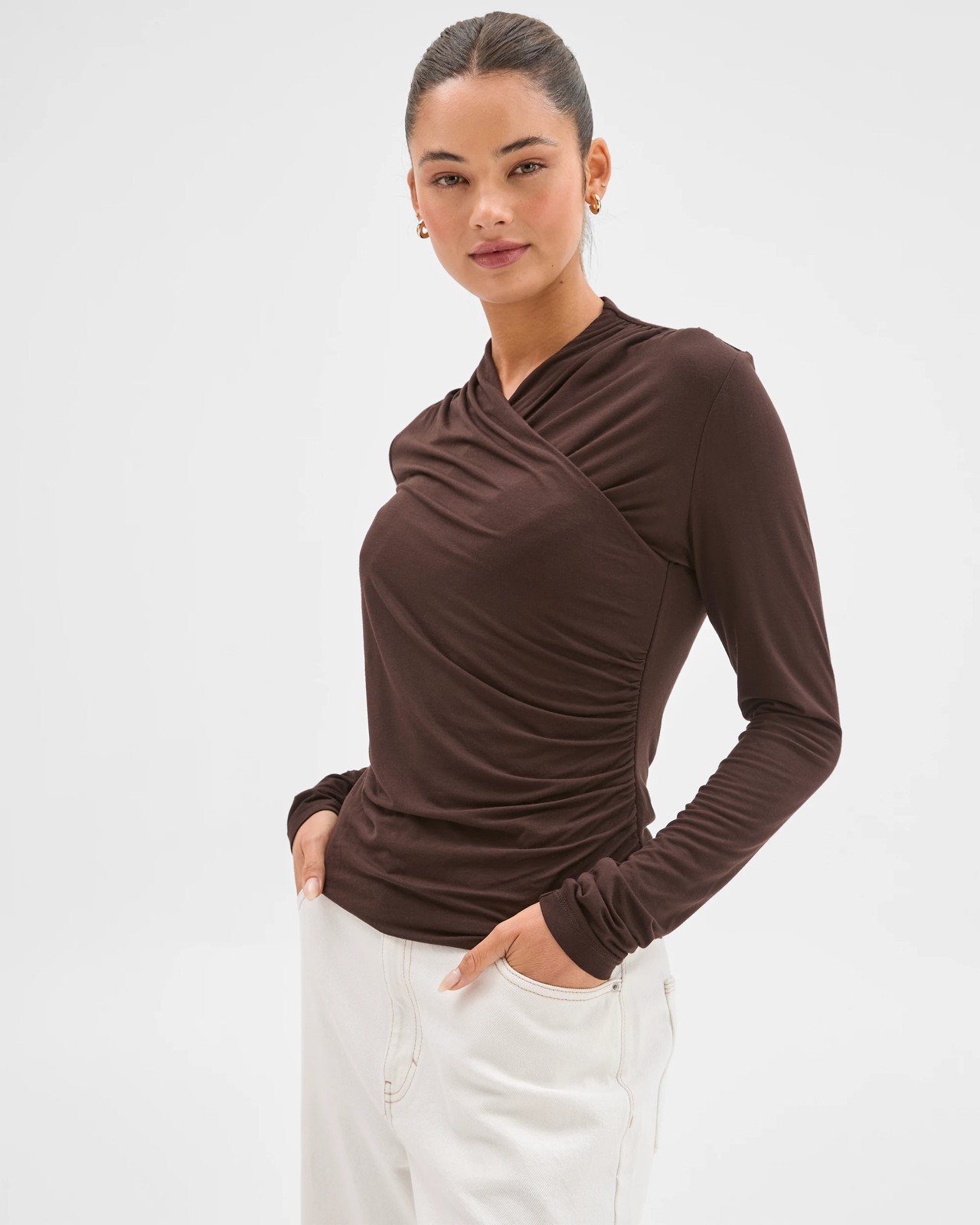 Lily Loves Long Sleeve Crossover Drape Top - Truffle 4 of 6