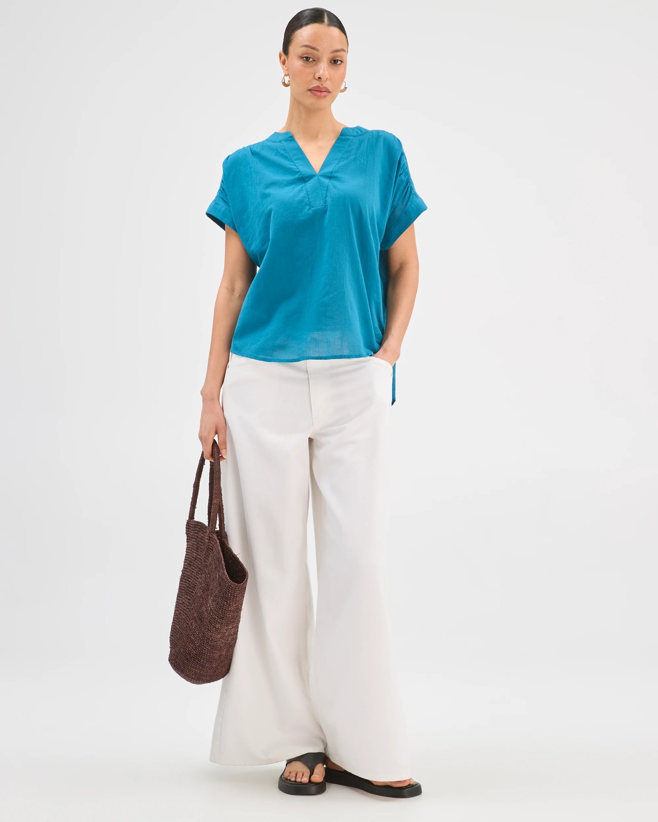 Cotton Collared Popover Blouse - Ocean Storm 2 of 5