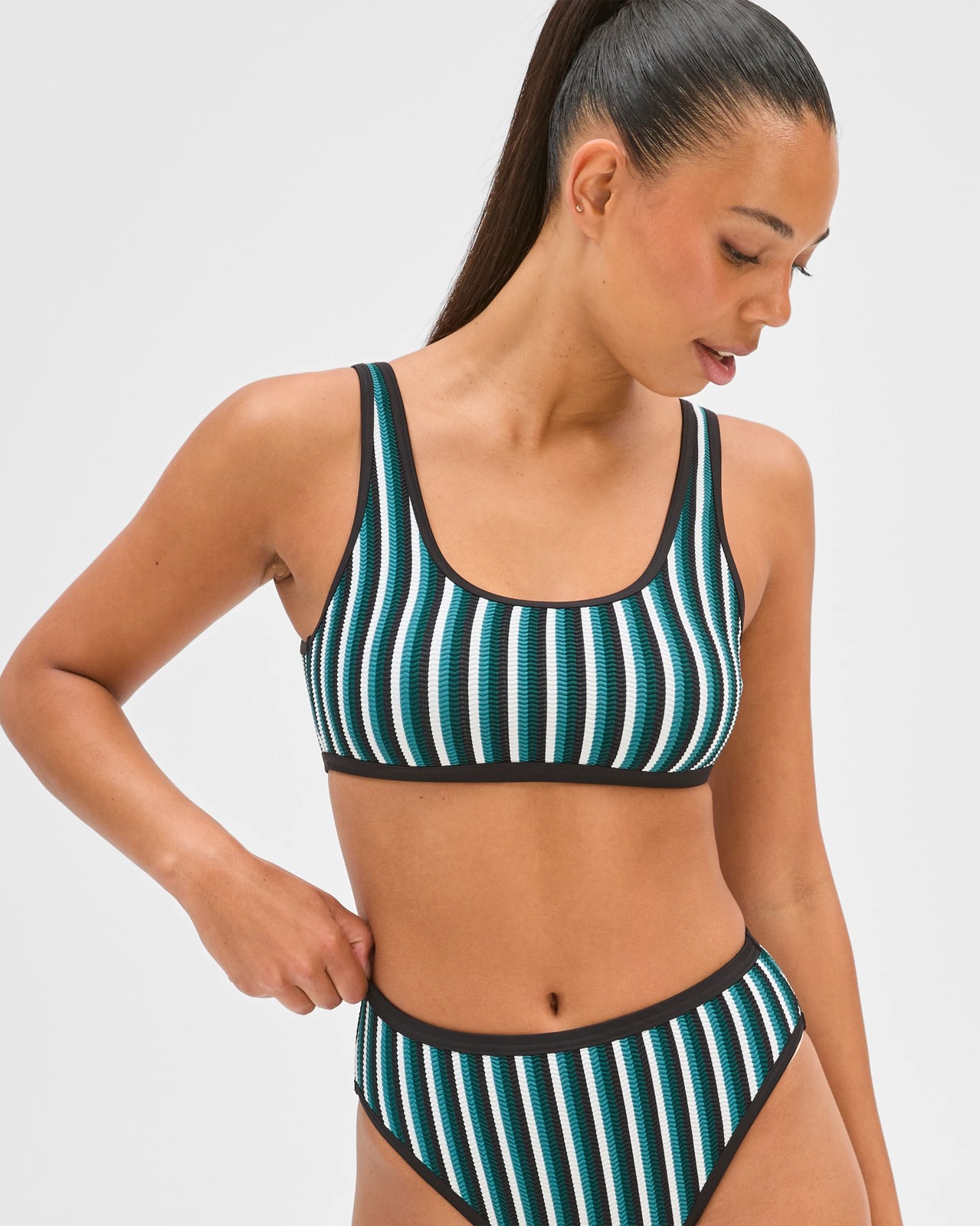 High Waisted High Cut Crinkle Bikini Briefs - Cocoa/Deep Sea Stripe 2 of 5