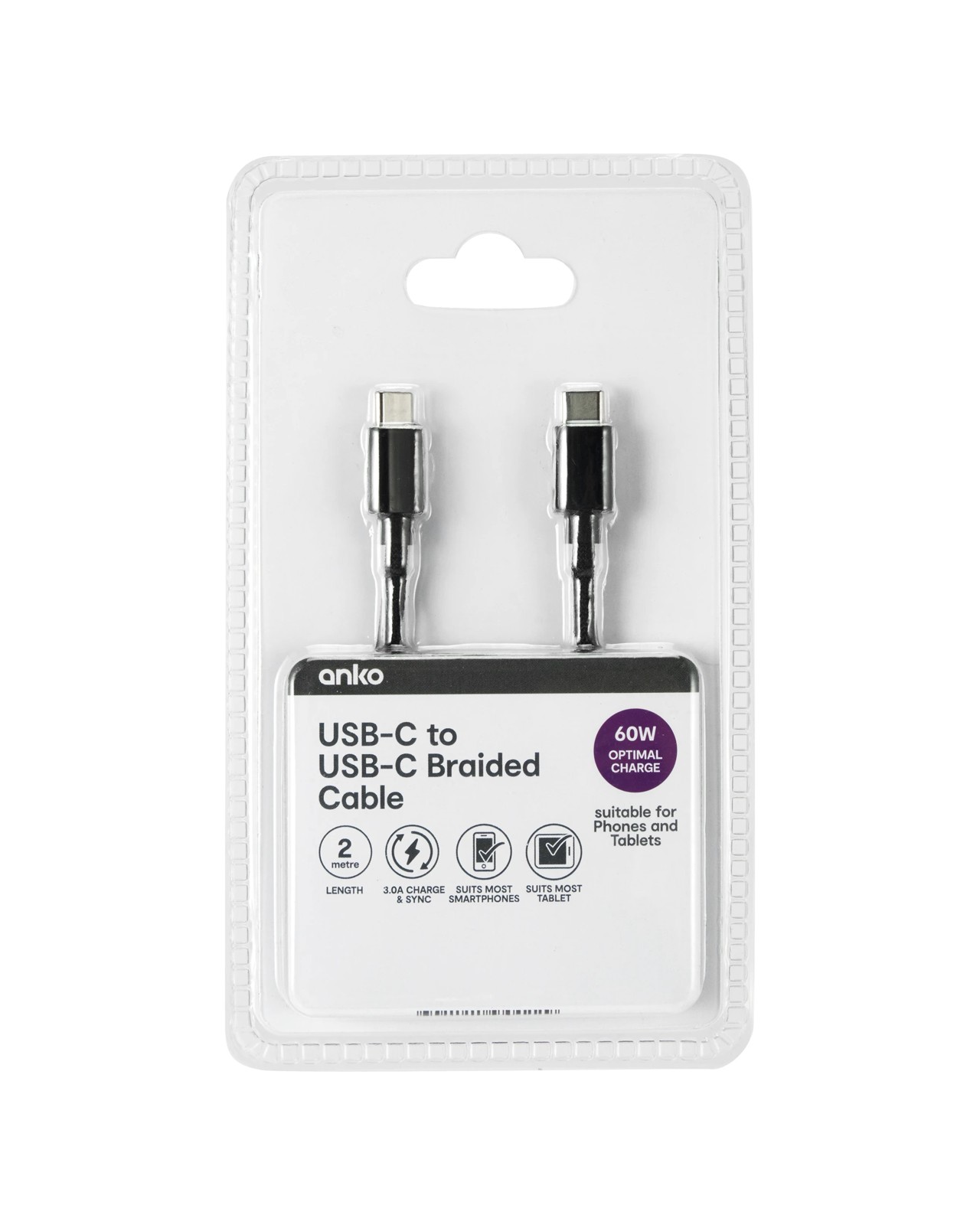 Braided USB-C to USB-C Cable, 2m, Black - Anko 4 of 4
