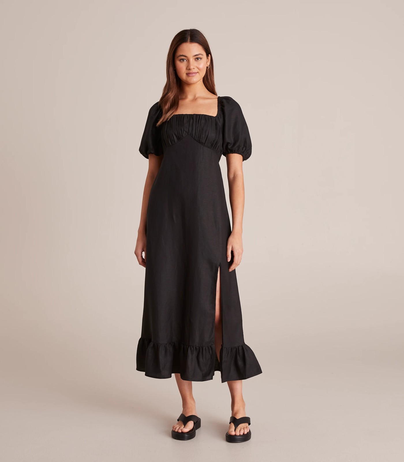 Linen-Blend Puff Sleeve Midi Dress