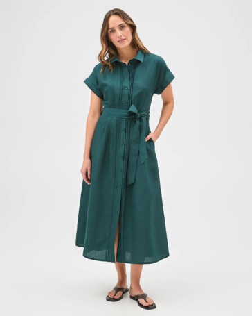 Preview Short Sleeve Pintuck Midi Shirt Dress