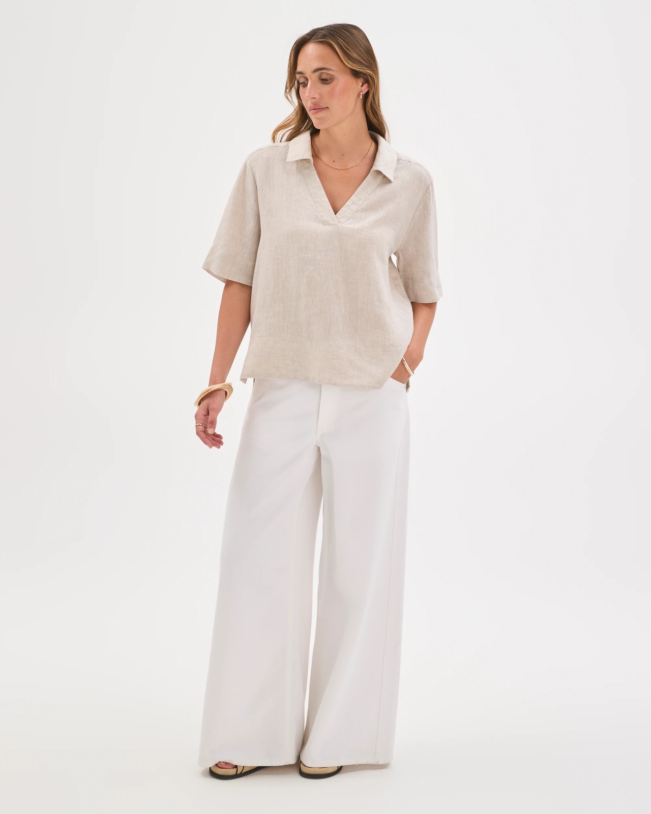 European Linen Short Sleeve A-Line Popover Shirt - Flax 2 of 6