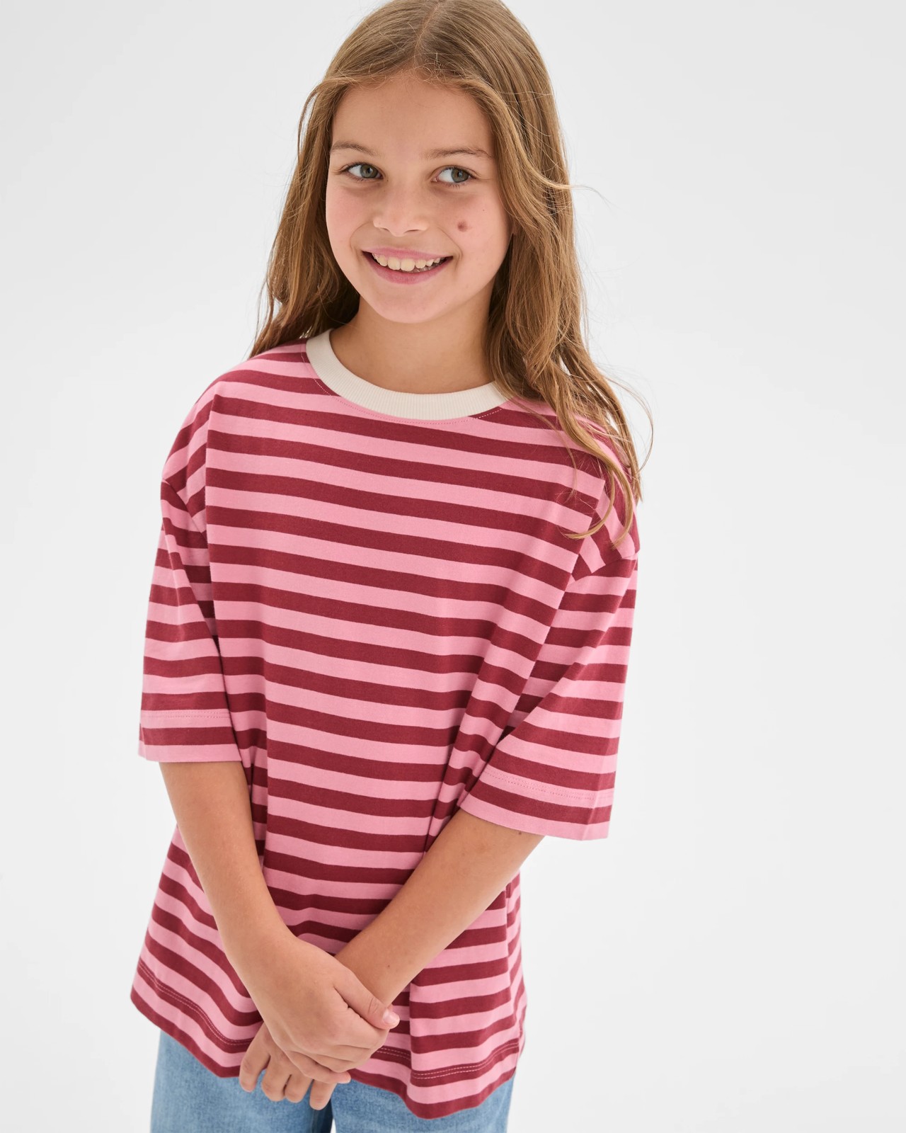 Australian Cotton Oversized T-Shirt - Pink Burgundy Stripe 3 of 6