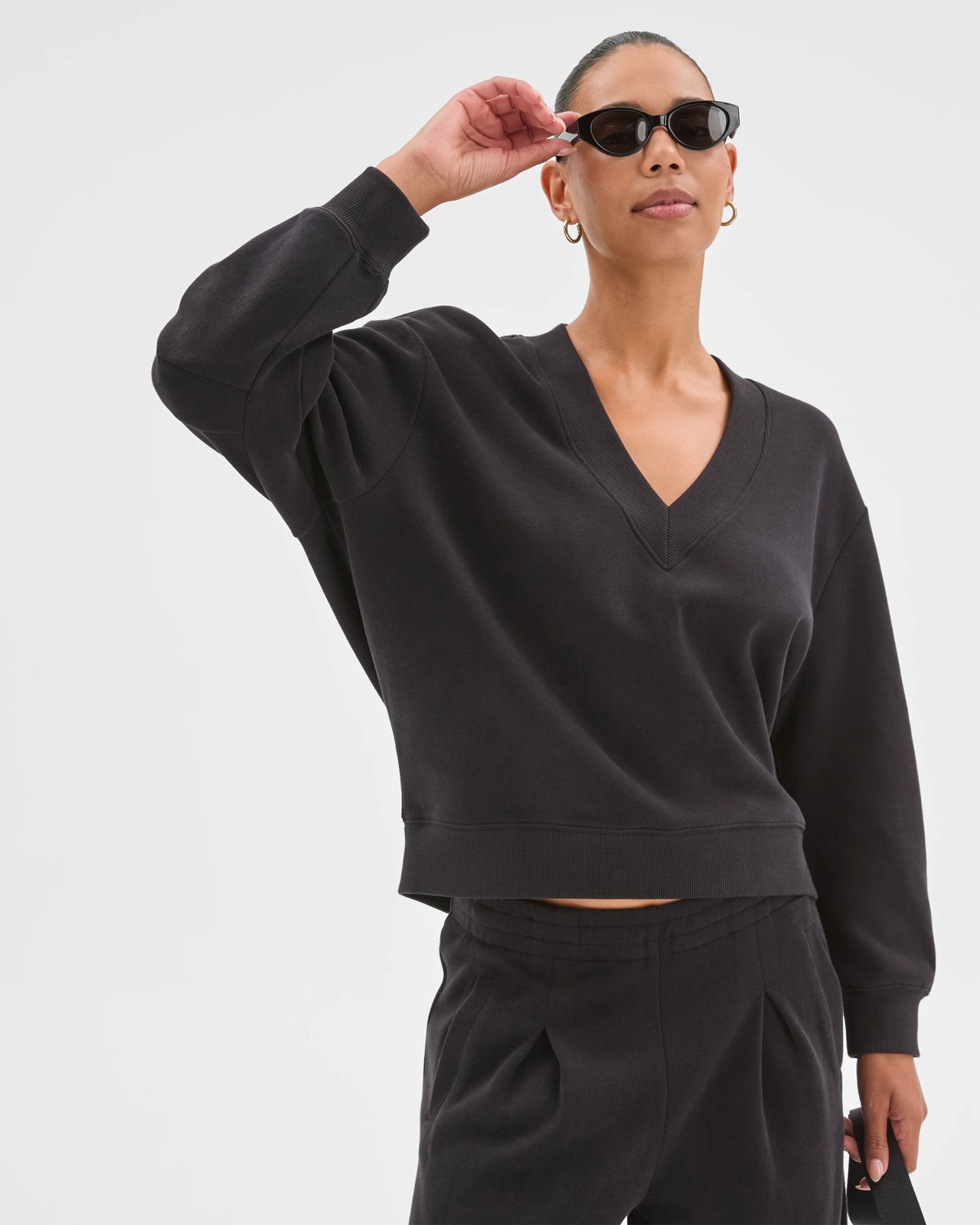 Active Australian Cotton Blend Sueded Rib V-Neck Jumper - Black 2 of 6