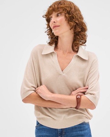Linen Blend Short Sleeve Polo Knit Top