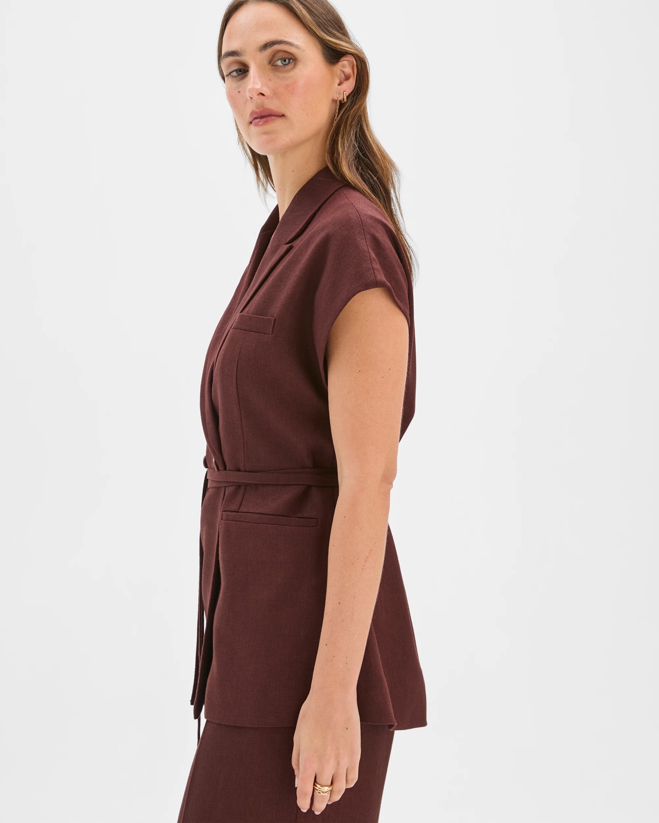 Preview Linen Blend Tailored Tie Waist Vest - Dark Chocolate 3 of 6