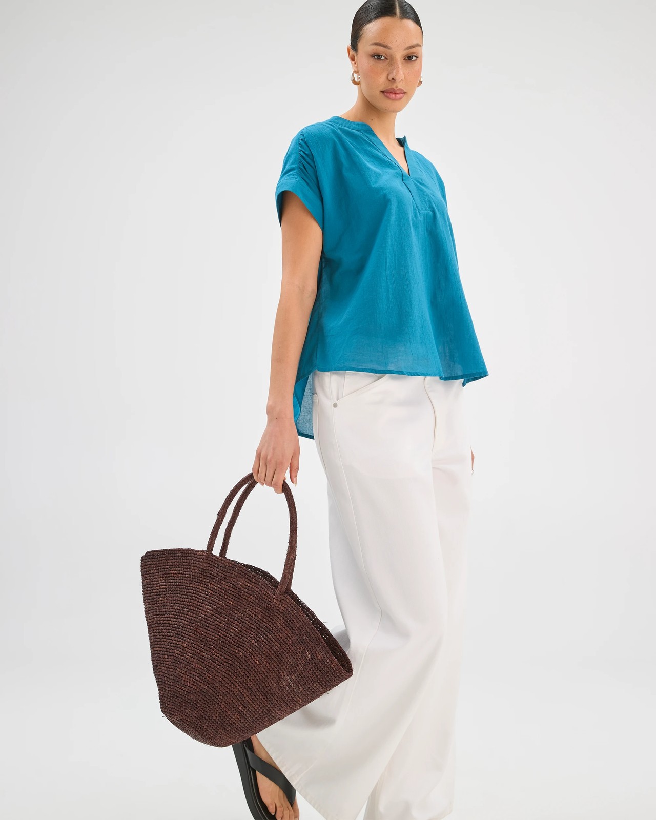 Cotton Collared Popover Blouse - Ocean Storm 5 of 5