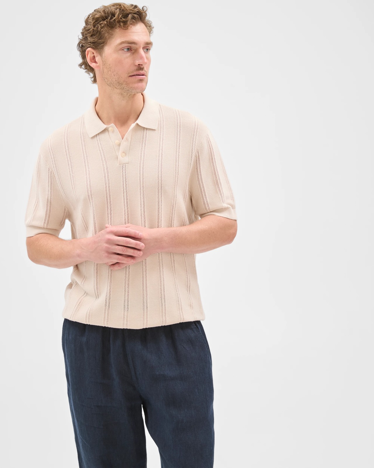Australian Cotton Textured Stripe Knit Polo Top - Birch 3 of 6