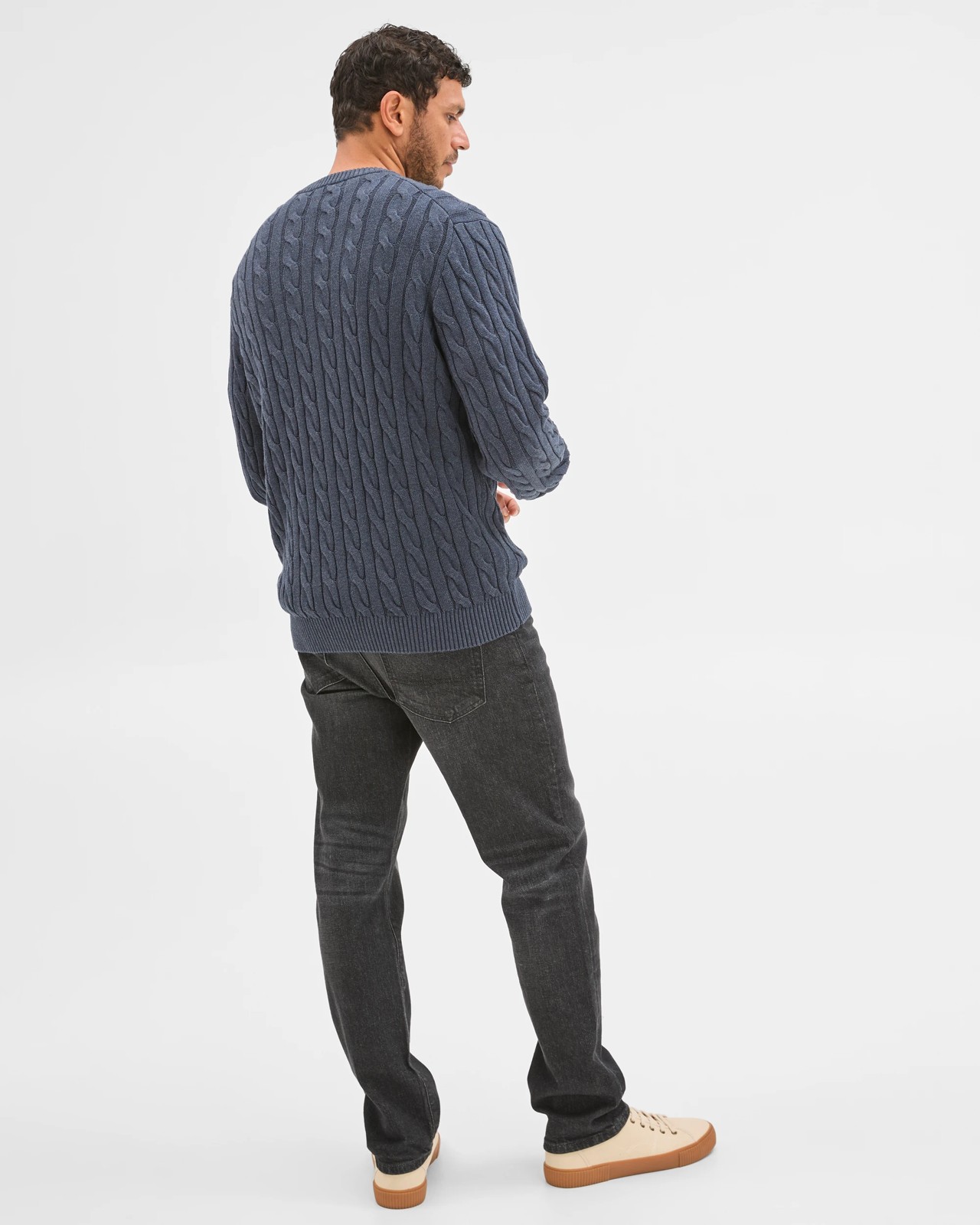 Australian Cotton Midweight Cable Knit Sweater - Navy Marle 6 of 6