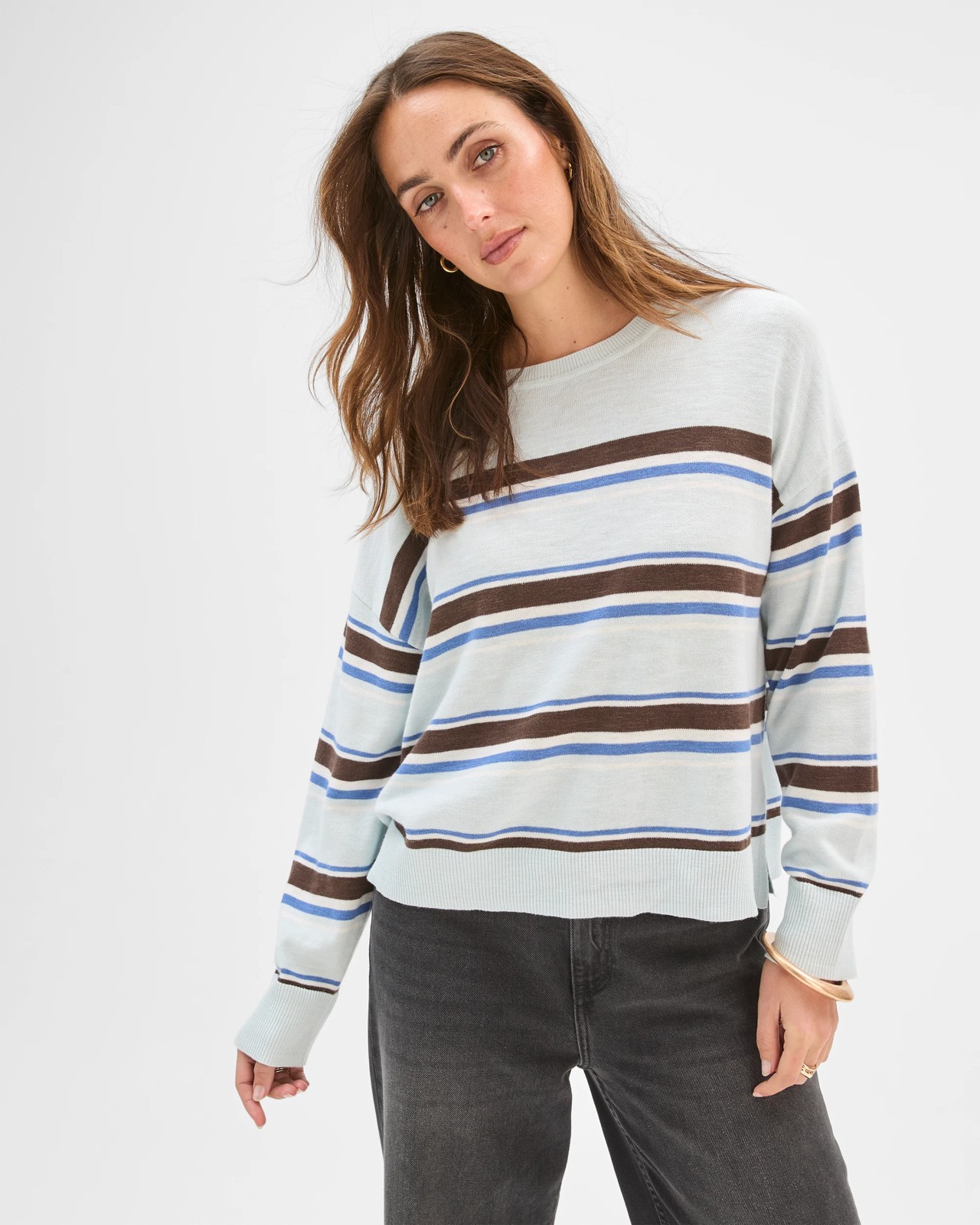 Australian Cotton Blend Long Sleeve Knit Jumper - Coffee Stripe 4 of 5