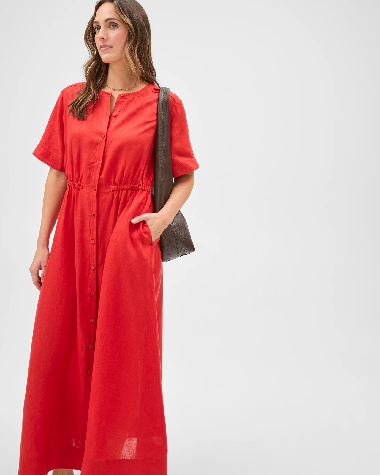 European Linen Short Sleeve Midi Femme Dress - Warm Terracotta 4 of 5