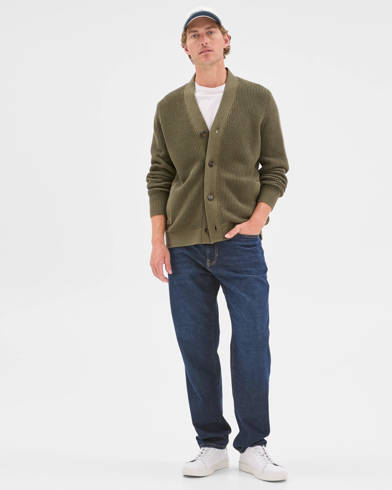 Australian Cotton V-Neck Waffle Knit Cardigan - Khaki 3 of 6
