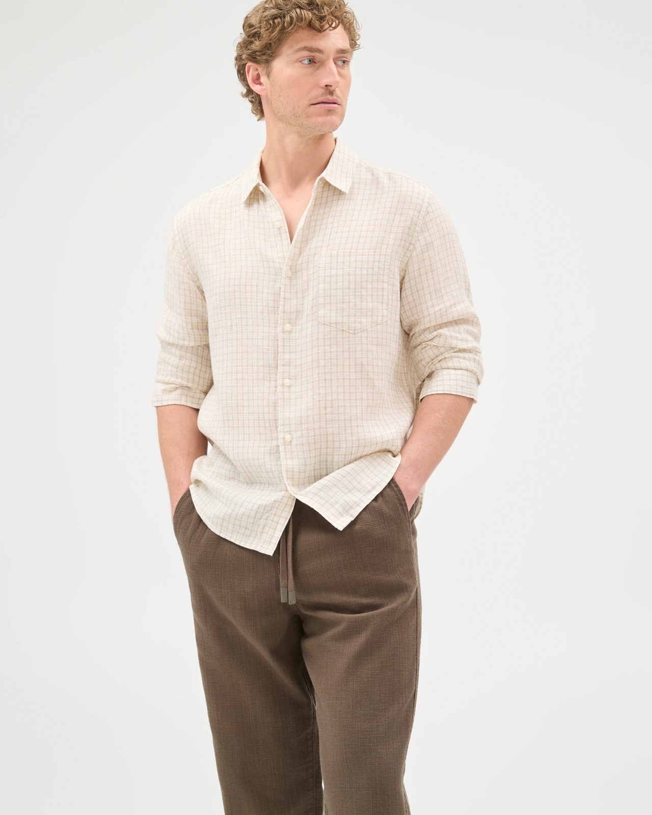 Australian Cotton Elastic Waistband Relaxed Textured Pants - Truffle 5 of 6