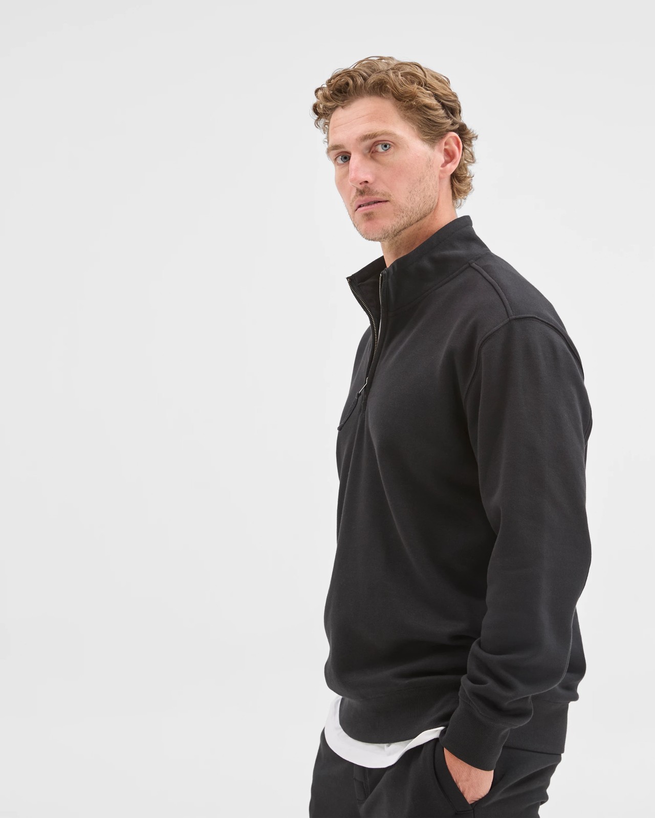 Australian Cotton Blend Fleece Half Zip Top - Black 3 of 5