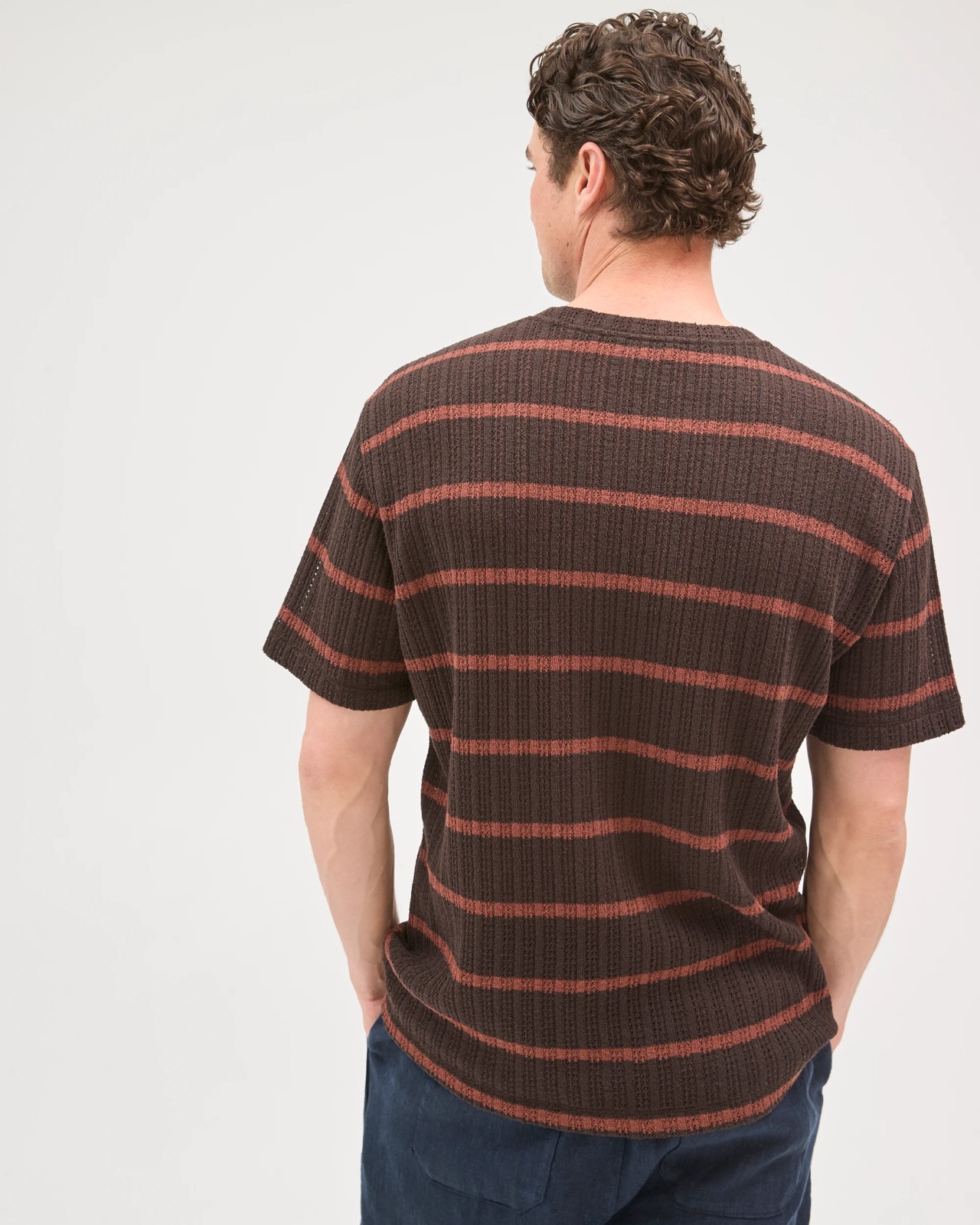 Australian Cotton Blend Pointelle Stripe T-Shirt - Chocolate 6 of 6