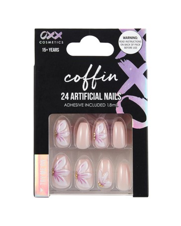 OXX Cosmetics 24 Pack Artificial Nails with Adhesive, Coffin shape, 3D Petal