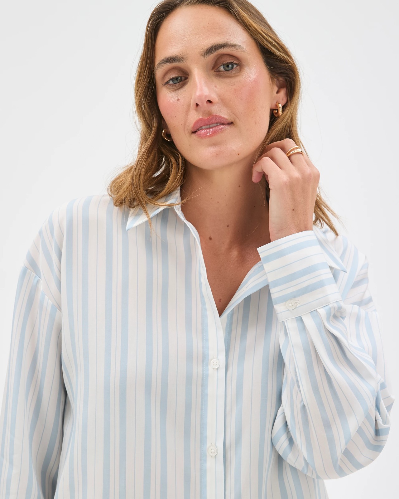 Preview Lyocell Long Sleeve Back Detail Shirt - Dusty Blue Stripe 3 of 5