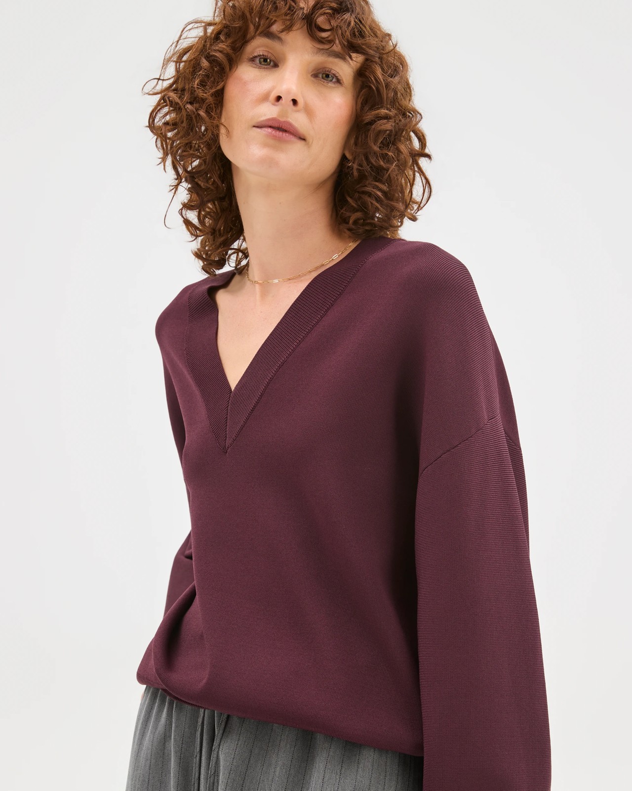 Preview Crepe Knit V-Neck Sweater - Pinot 2 of 6