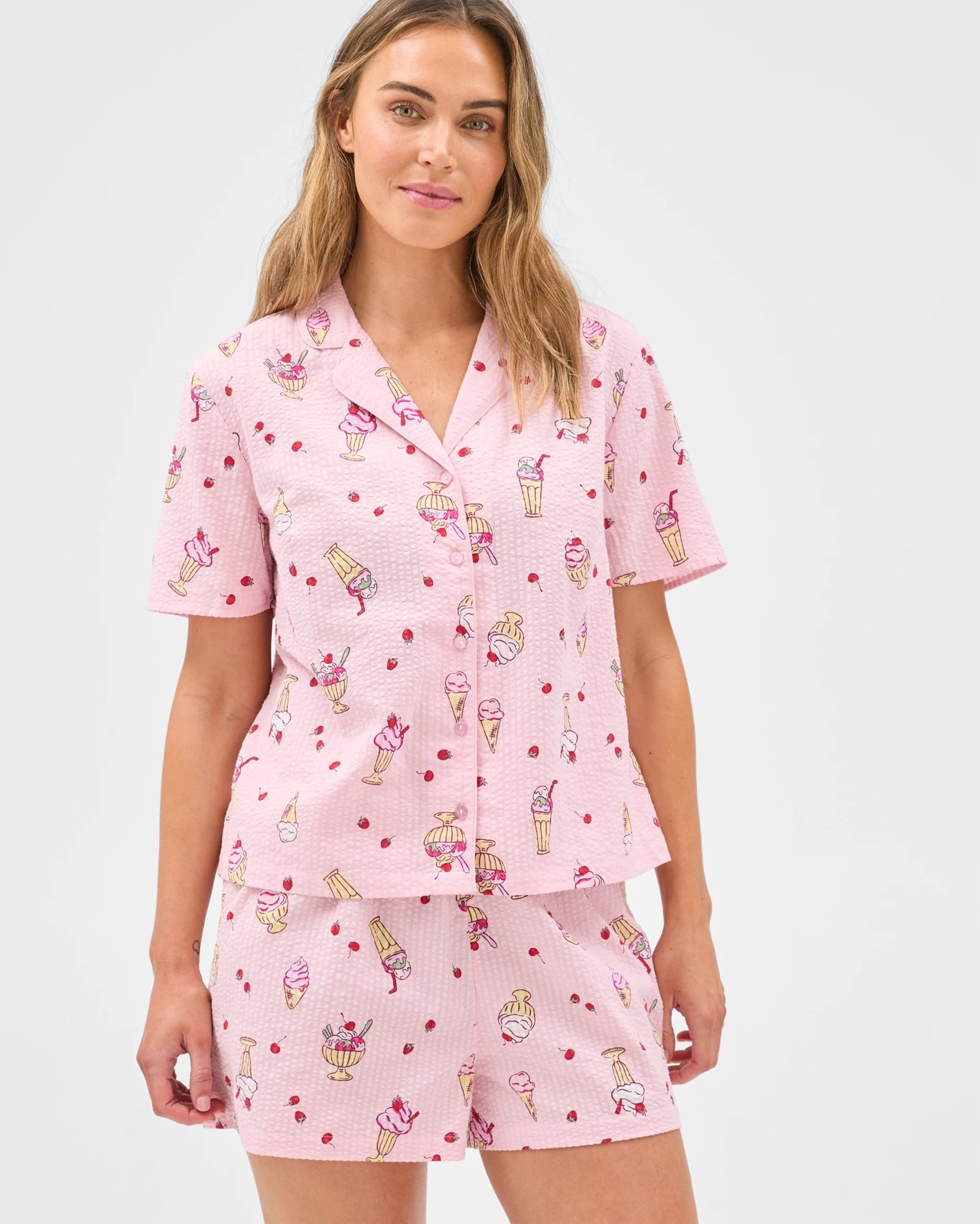 Cotton Seersucker Top & Shorts Pyjama Set - Pink Ice Cream 3 of 6