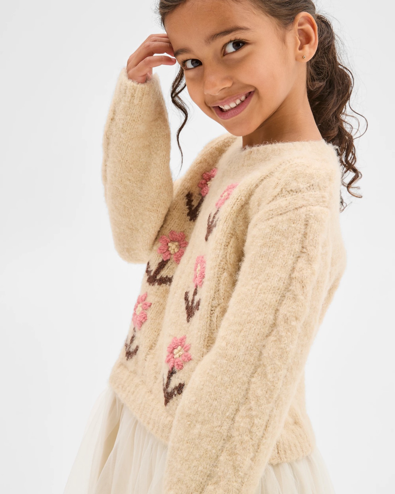 Long Sleeve Knit Sweater Tulle Embroidered Dress - Gardenia Cream 3 of 6