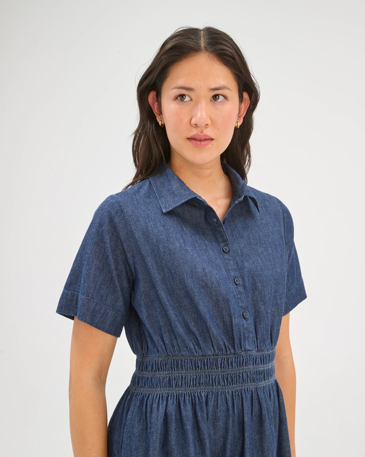 Cotton Shirred Midi Chambray Dress 3 of 6
