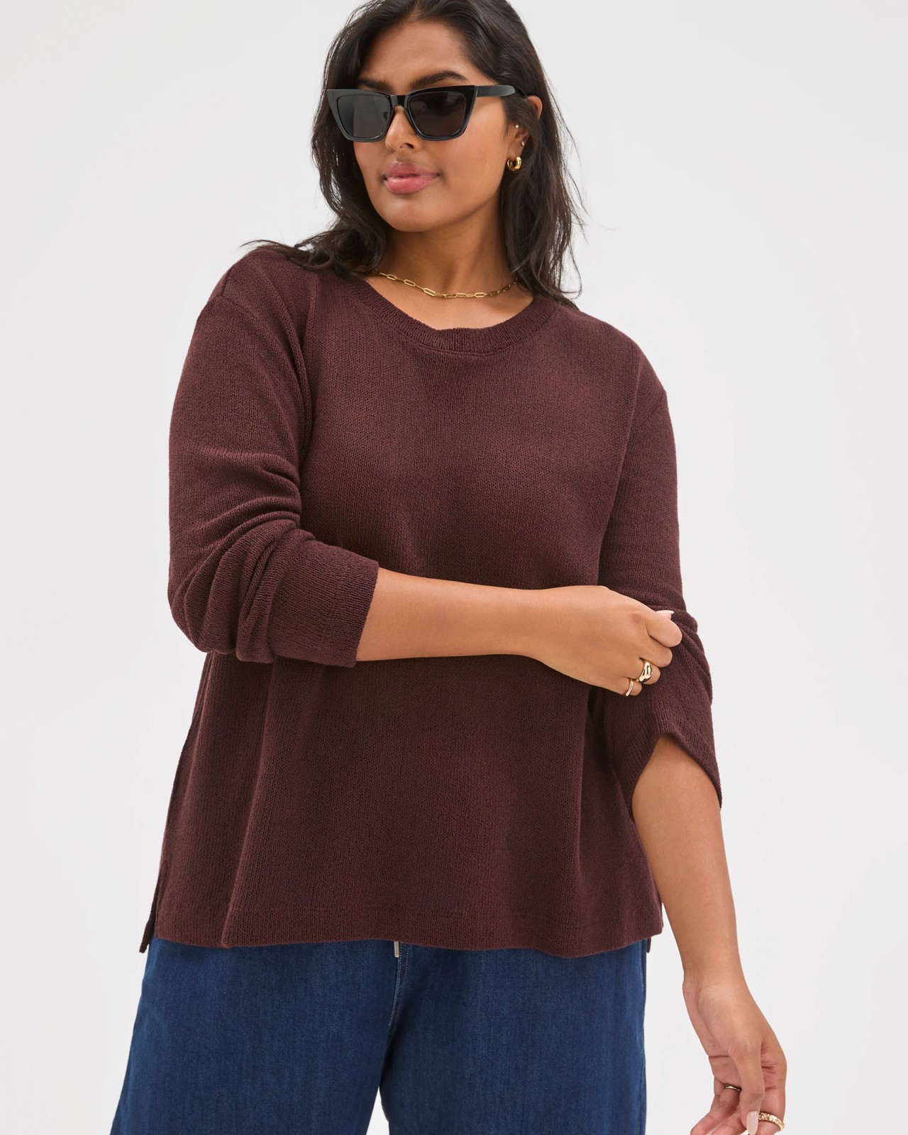 Plus Size Australian Cotton Blend Textured Jumper - Chocolate Plum 3 of 5