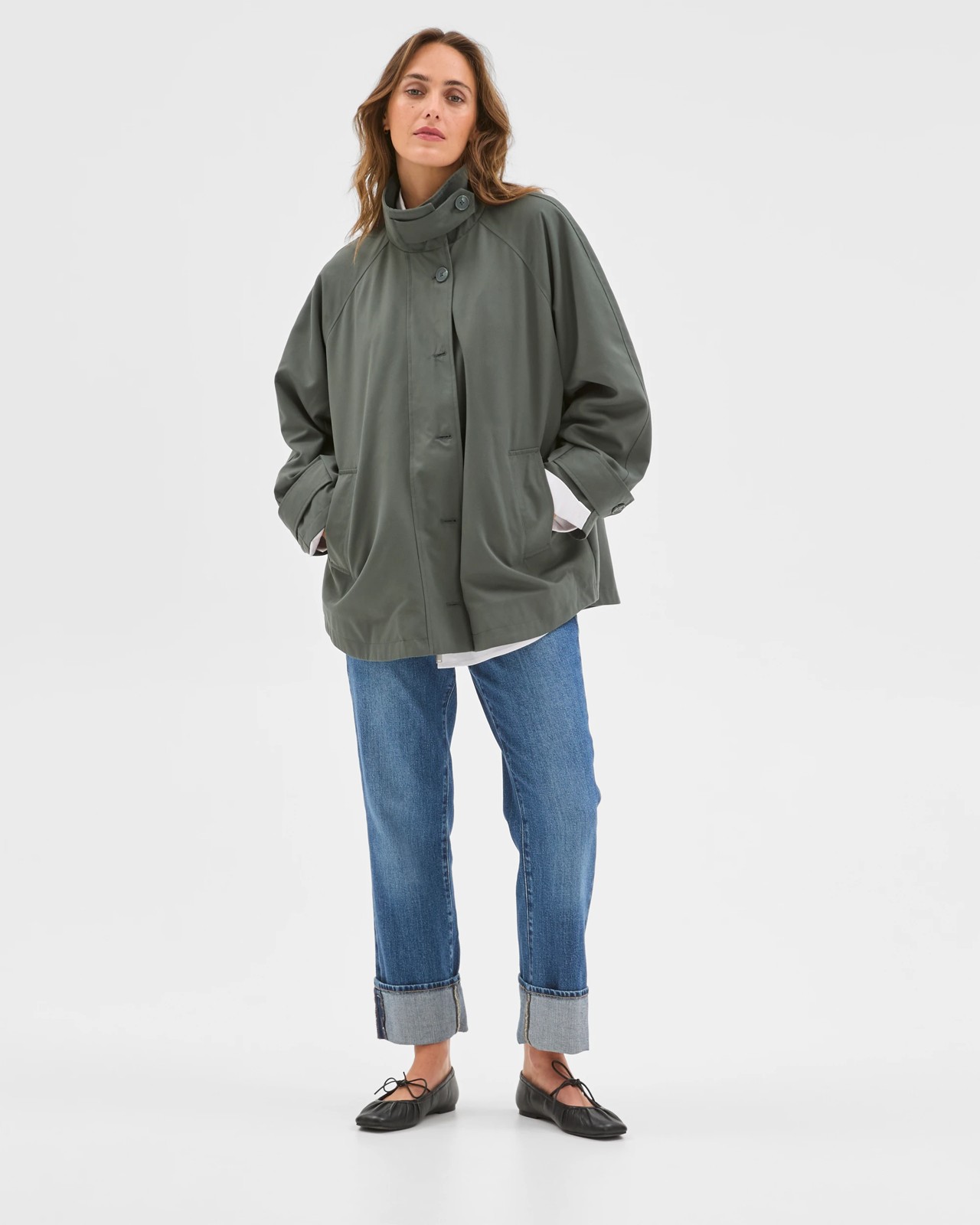 Longline Funnel Neck Coat - Coal Green 3 of 5