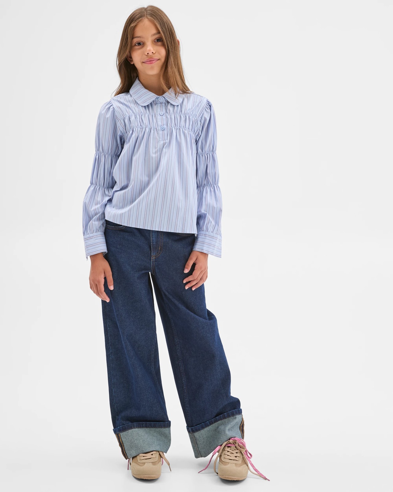 Long Sleeve Ruched Pinstripe Shirt - Blue 2 of 5