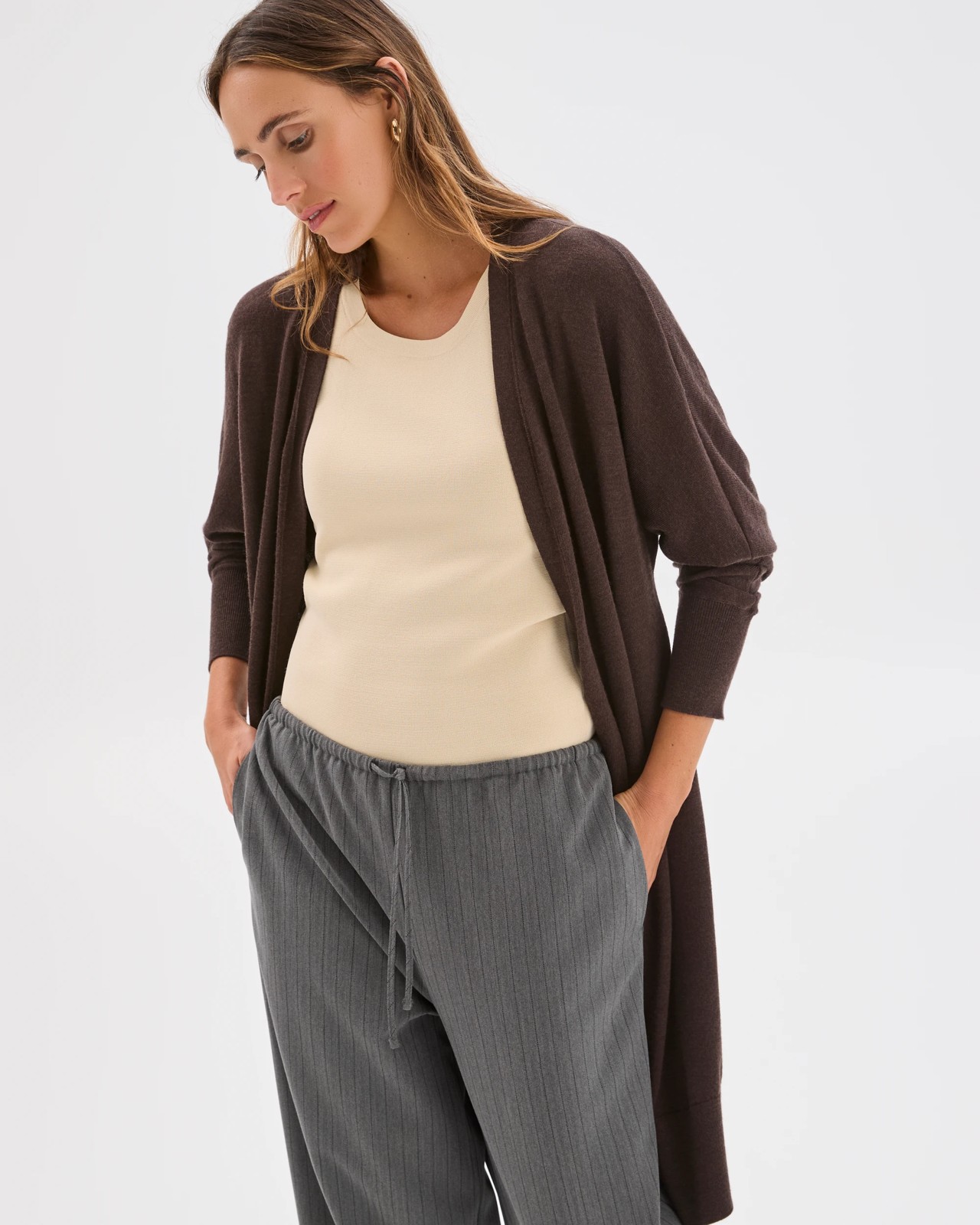 Australian Merino Wool Long Sleeve Longline Cardigan - Coffee Bean 4 of 5