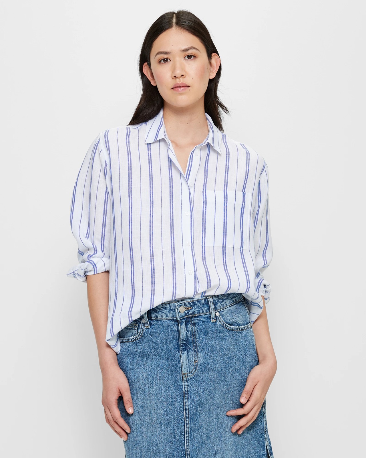 European Linen Long Sleeve Shirt - Navy Pinstripe