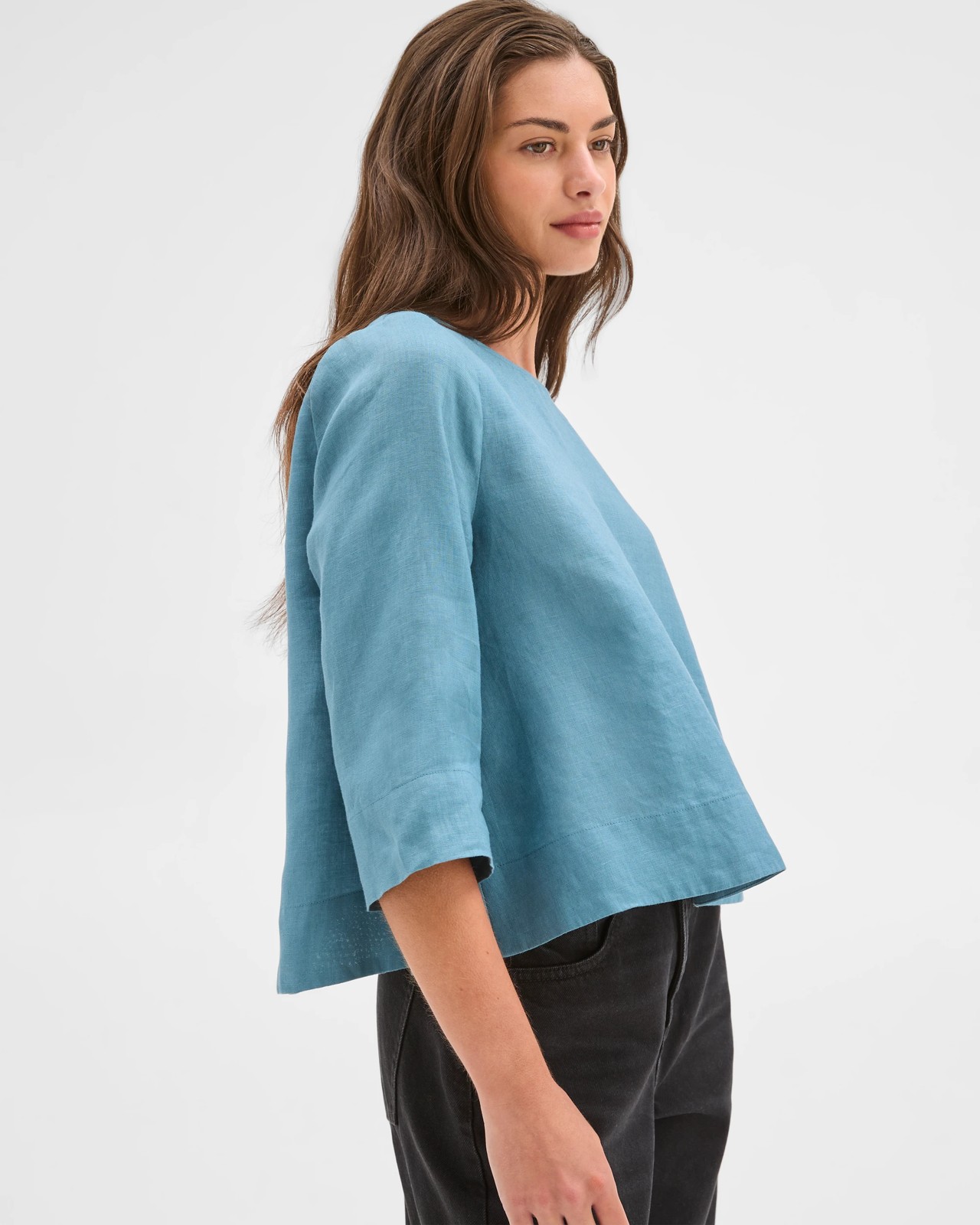 Petites European Linen 3/4 Sleeve Cross Back Top - Sea Teal 3 of 5