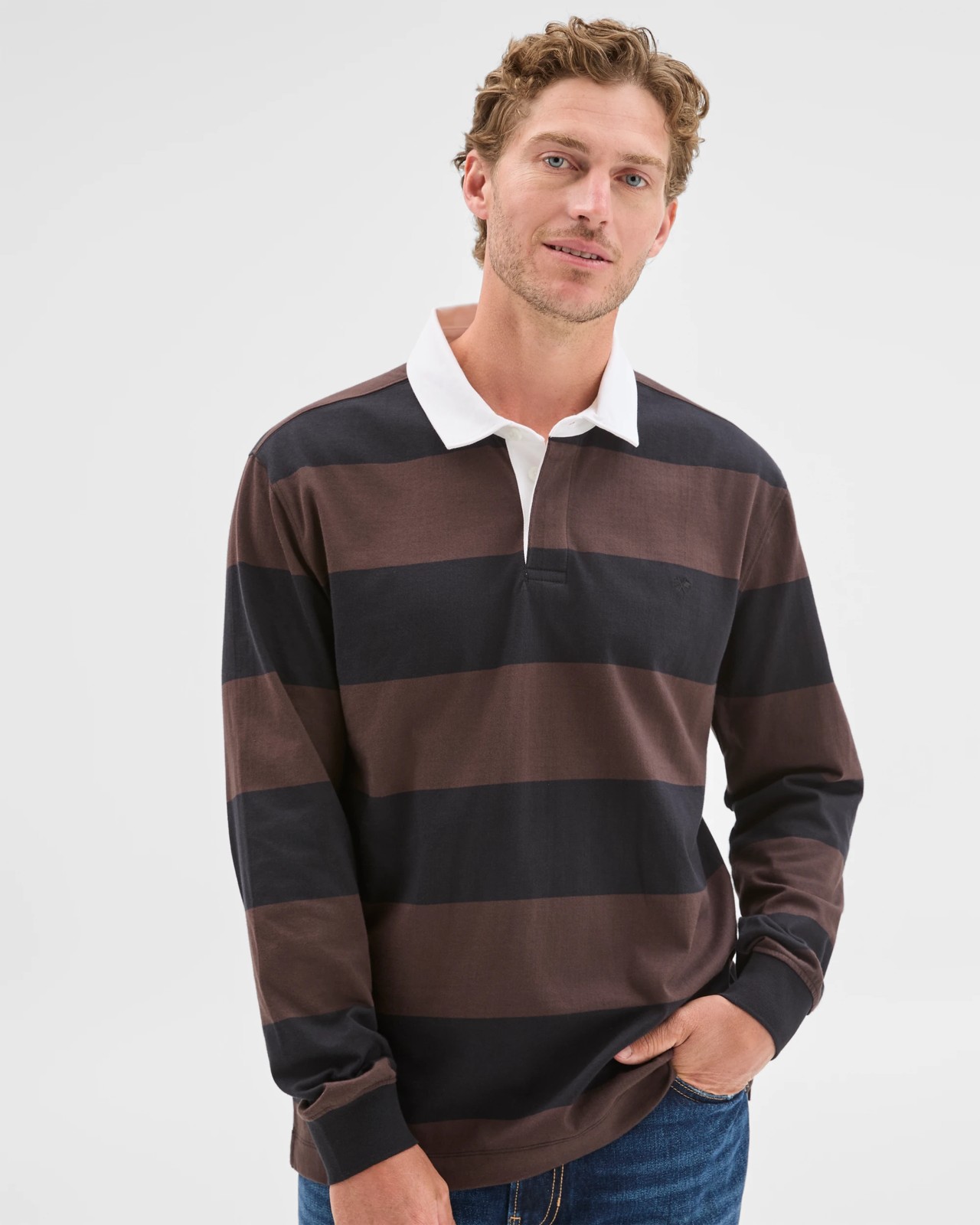 Australian Cotton Long Sleeve Rugby Polo Top - Chocolate Stripe 2 of 5