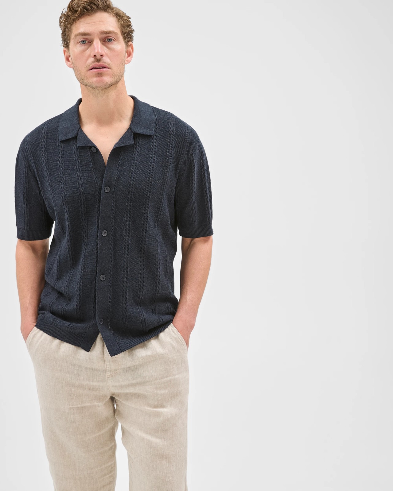 Australian Cotton Short Sleeve Textured Stripe Knit Shirt - Navy 2 of 6