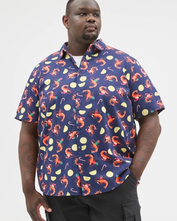 Plus Size Short Sleeve Christmas Prawn All Over Print Shirt