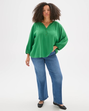 Plus Size 3/4 Sleeve Half Placket Blouse