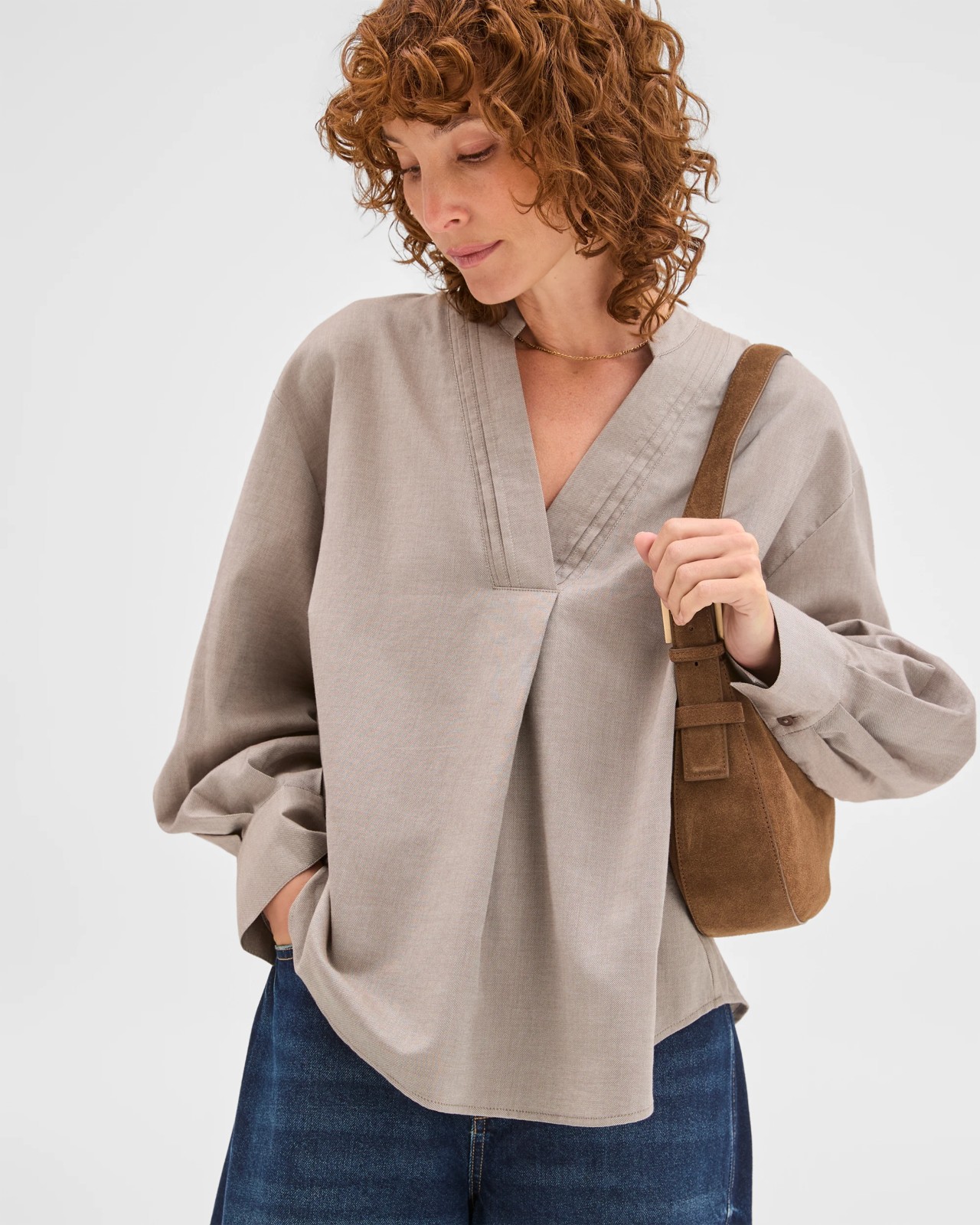 Australian Cotton Tuck Detail Popover Top - Taupe 4 of 6