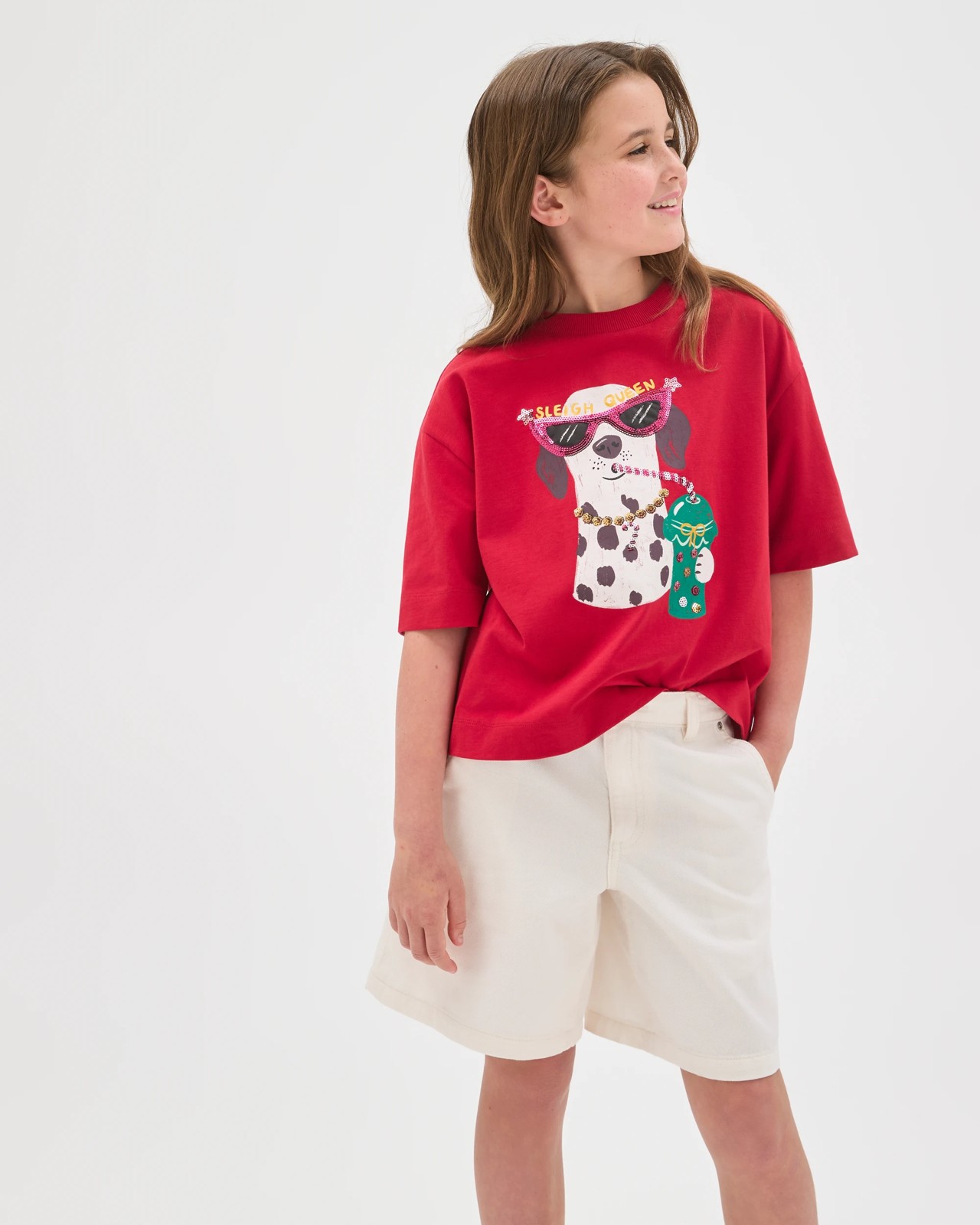 Australian Cotton Heavyweight Boxy Christmas T-Shirt - Xmas Dalmatian Red 2 of 6