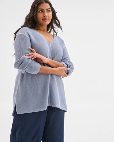 Plus Size Australian Cotton Blend V-Neck Ottoman Twist Sweater