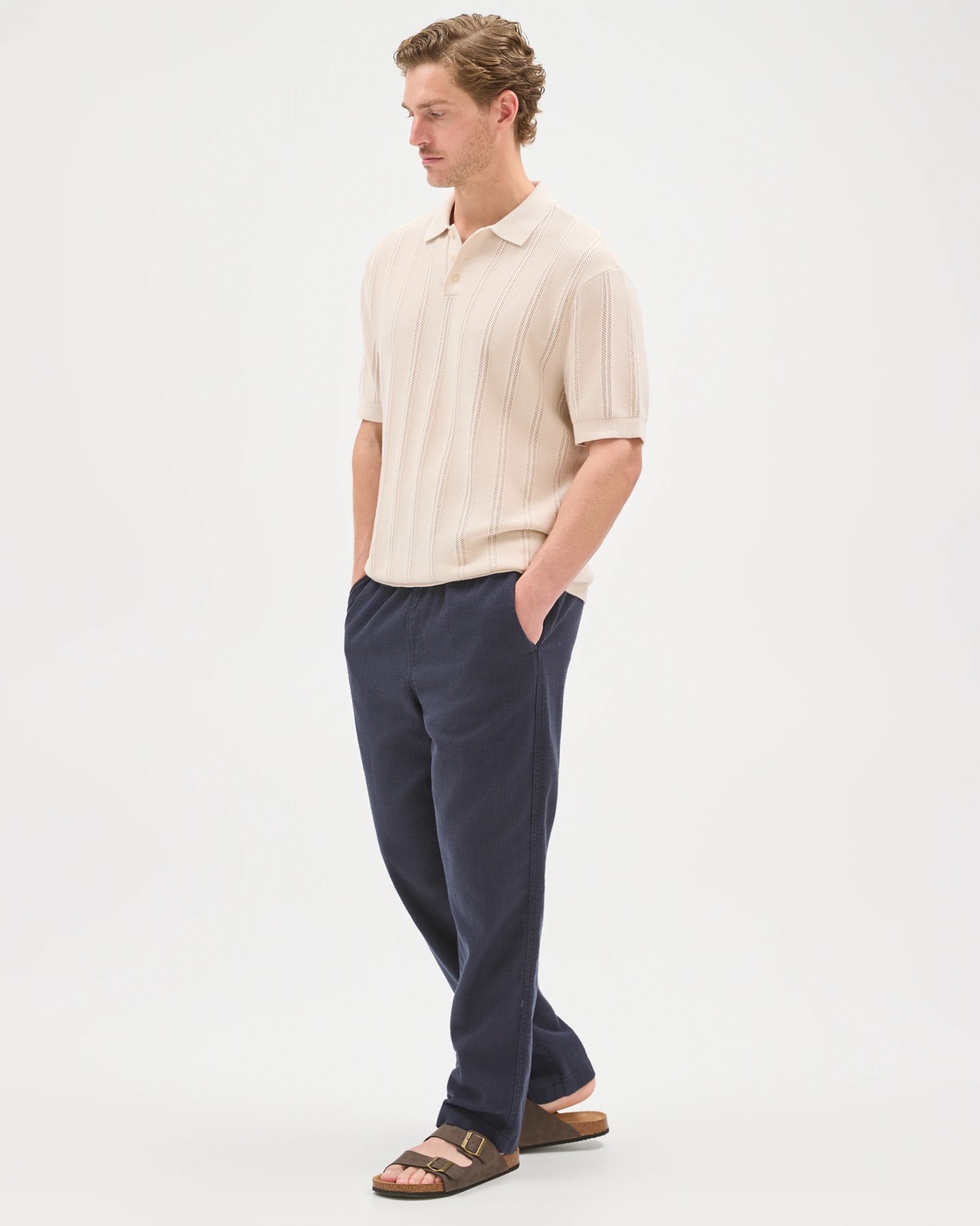 Australian Cotton Elastic Waistband Relaxed Textured Pants - Navy 2 of 5