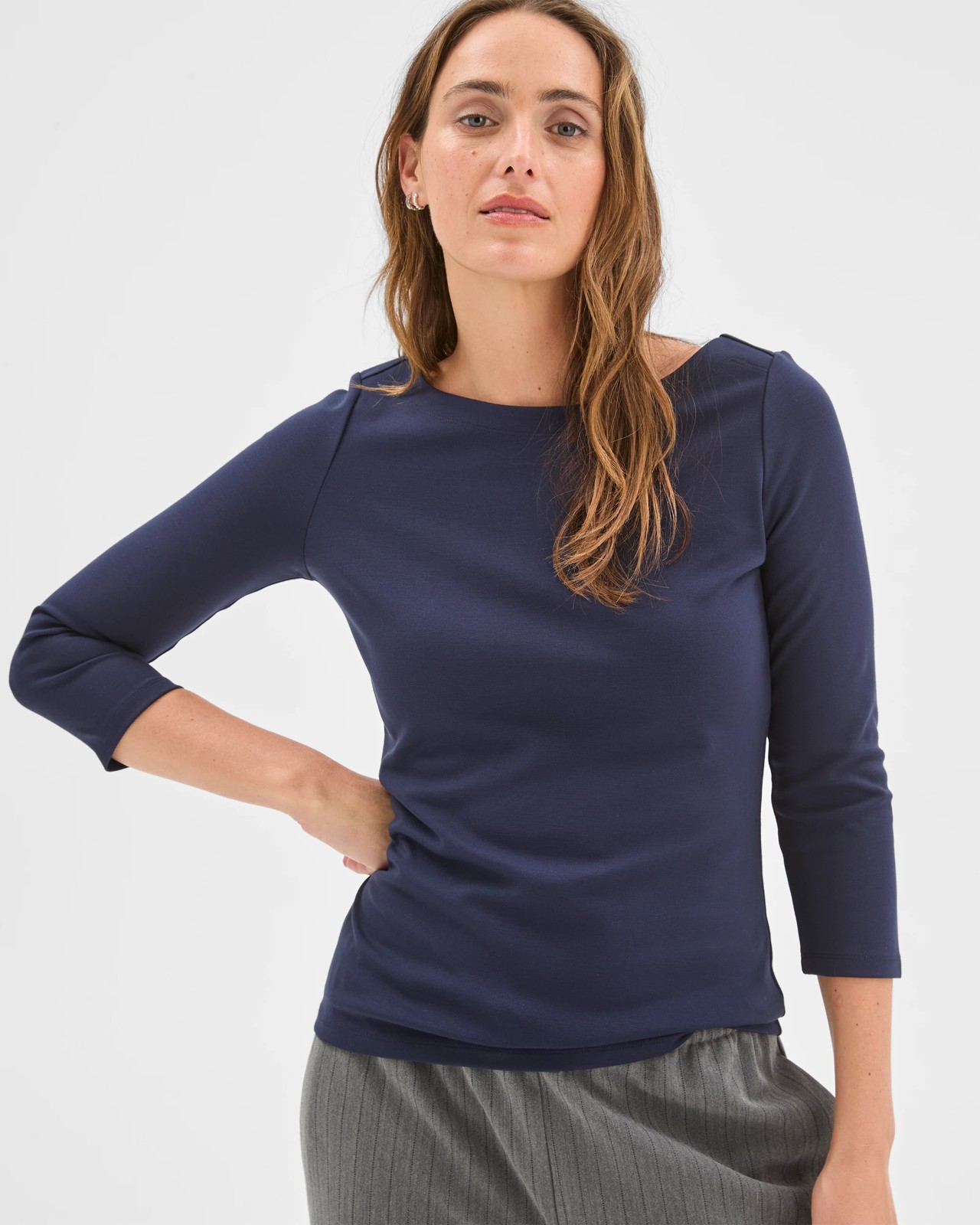 Preview 3/4 Sleeve Boat Neck Ponte T-Shirt - Navy 3 of 5