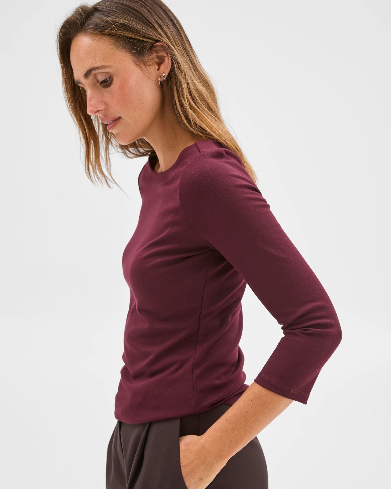 Preview 3/4 Sleeve Boat Neck Ponte T-Shirt - Pinot 3 of 6