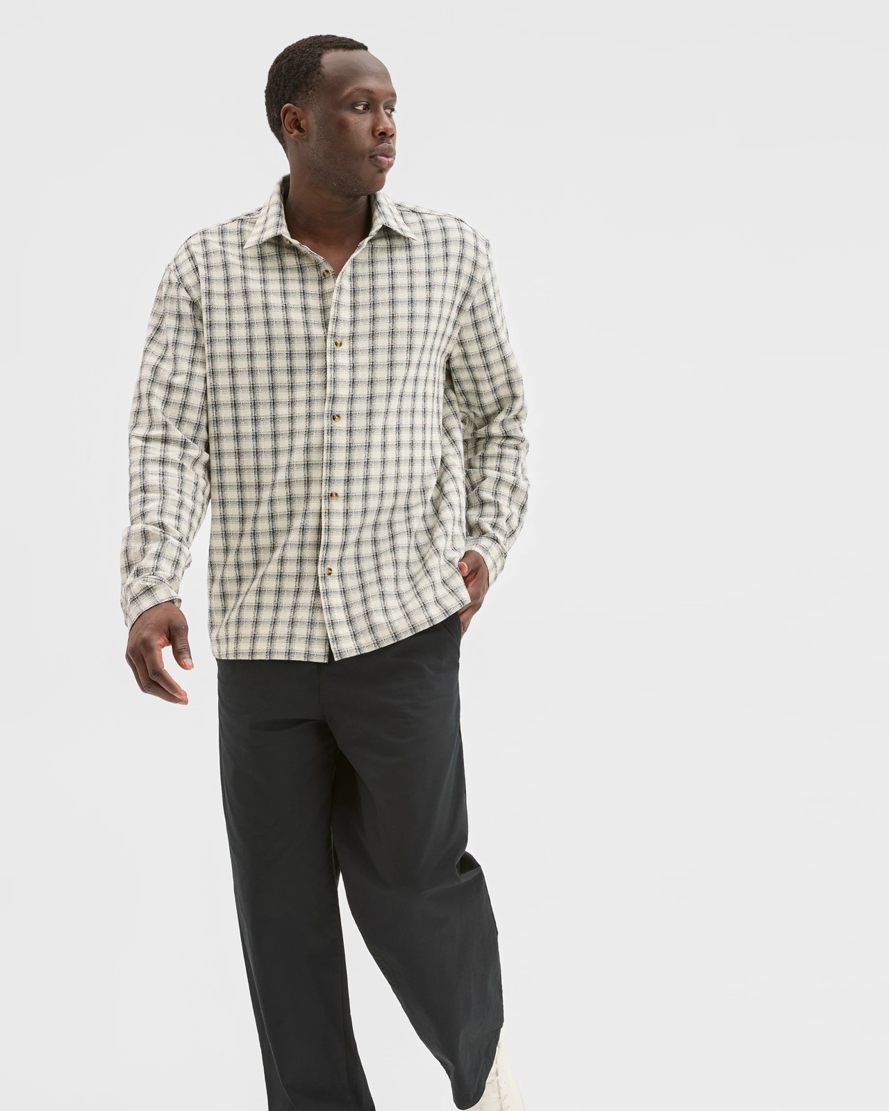 Commons Australian Cotton Boxy Fit Long Sleeve Textured Shirt - Ecru Check 3 of 6