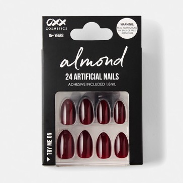 24 Pack Artificial Nails with Adhesive, Almond Shape, Red - OXX Cosmetics